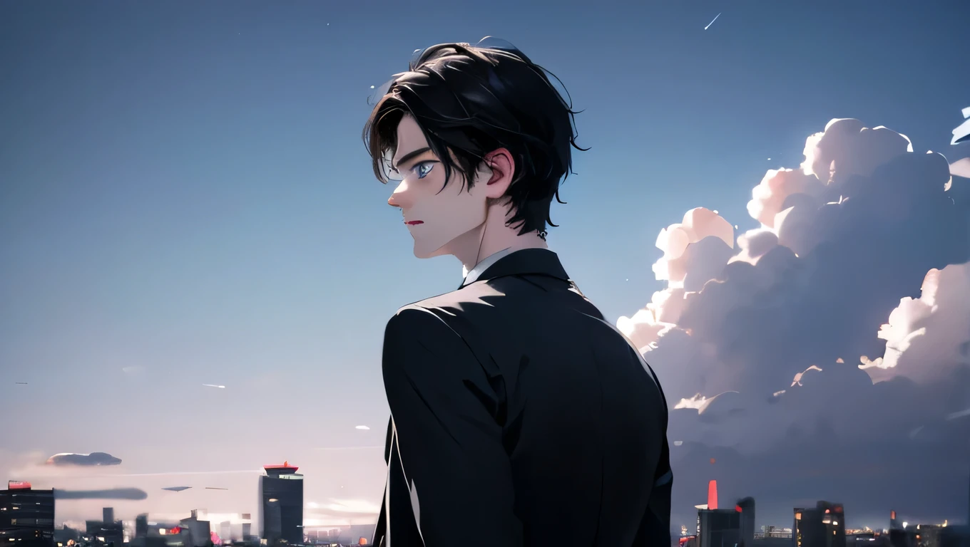 1 Boy, medium light black hair, light blue eyes, wearing a black suit, night city, 18+ , high resolution, very sharp, 8k, masterpiece,I look up at the sky and writhe in longing for her.,watching from behind