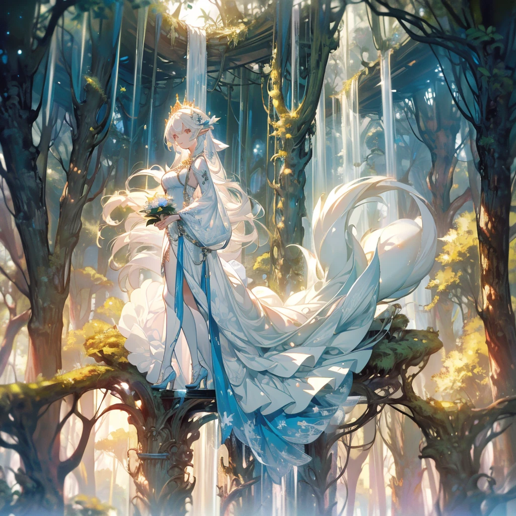 ((masterpiece， best quality))，Elf，Royal sister，forest，Sea of trees，Pure white background，Detailed face，Smile，whole body，Perfect body proportions，Glowing milky white eyes，sexly，Lush foliage and warm sunshine，Tattoo，extremely beautiful，transparent，High heel，Fishnet stockings，Star decoration,