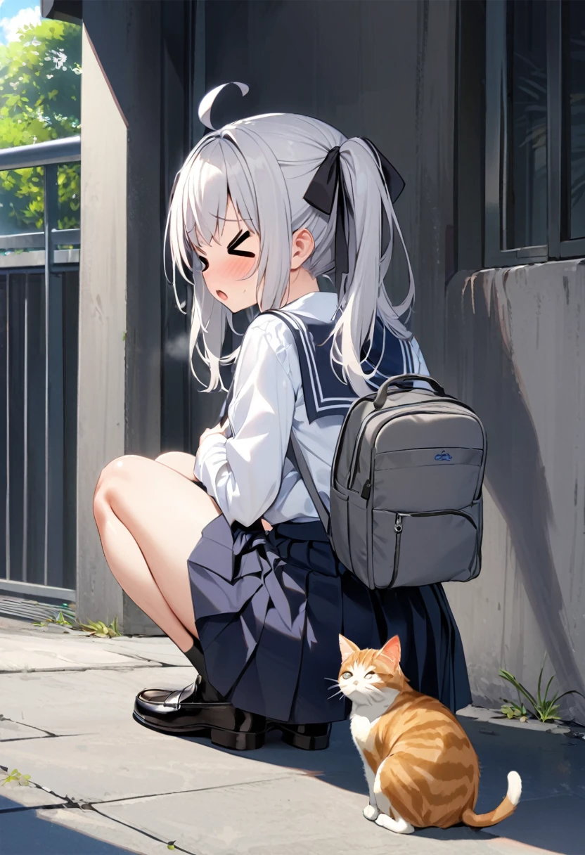 1 girl, solo, long hair, skirt, shirt, long sleeves, bow, ribbon, pigtails, uniform, hair ribbon, white shirt, ahoge, white hair, hair ribbon, grey hair, pleated skirt, outdoors, no underwear, shoes, sailor uniform, daytime, socks, black skirt, sailor collar, bag, clothes pulled up, from behind, black footwear, two side up, black ribbon, pussy visible, female genitalia visible, vagina visible, skirt lifted, squatting, cat, backpack, >_<, loafers, venus crack, turned away, x3