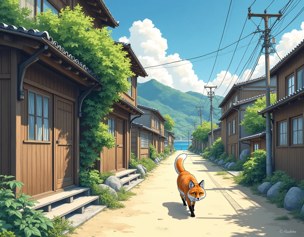 (Masterpiece),(Highest quality),(very detailed),(high resolution),((line art)),((watercolor)),16ก,Wallpaper,三毛猫のvery detailedな絵、Crazy details、very detailed猫、My house with a tricolor cat roaming around. A fox is walking on the beach walk.、Old town scenery of Japan、เส้นทางที่เรียงรายไปด้วยต้นwood、wood々Sunlight shines in.、another world、Creating Silence、Long shot、The object is small.、