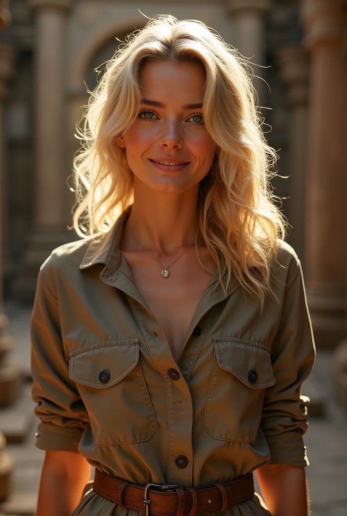 1 ultra hot stunning gorgeous woman, age 23, blonde wavy hair. she's a playmate, men magazine model. She has a subtle smile and flirts with the camera, (she's dressed like a 40's explorer), (she wears a long loose 40's cotton khaki dress:1.2), (she wears belts and 40's leather cartridge belt), (in an ancient Himalayan temple:1.1), in sunset light, bokeh, rays of light, perfect eyes, perfect hands, perfect body, perfect hair, perfect breast, UHD, retina, masterpiece, accurate, anatomically correct, textured skin, super detail, high details, high quality, award winning,