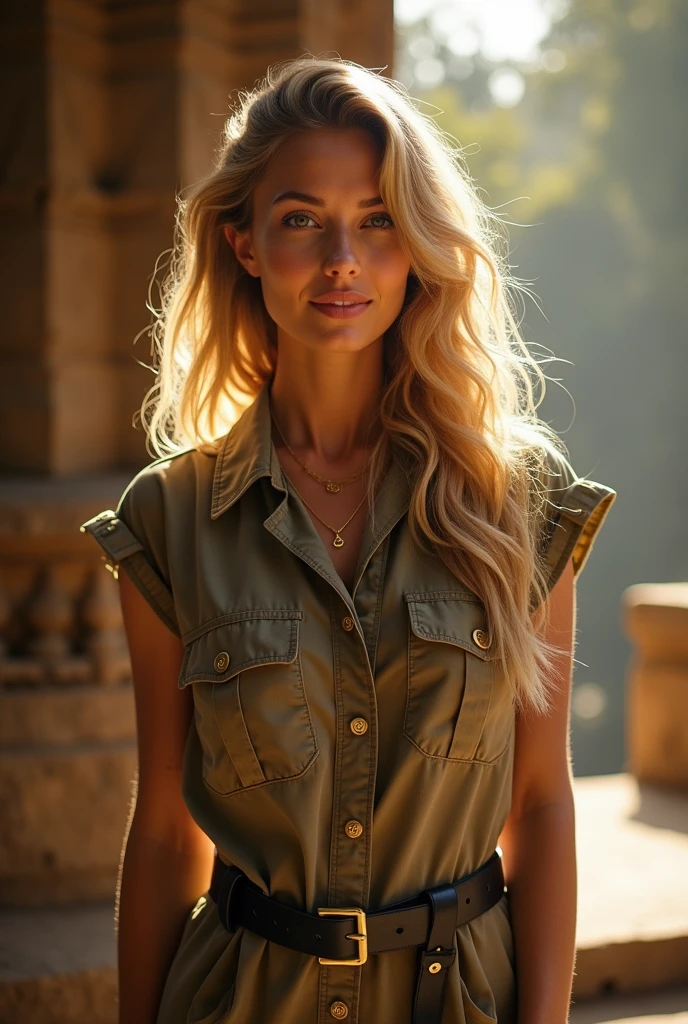 1 ultra hot stunning  gorgeous woman, age 23, blonde wavy hair. she's a playmate, men magazine model. She has a subtle smile and flirts with the camera, (she's dressed like a 40's explorer), (she wears a long loose 40's cotton khaki dress:1.2), (she wears belts and 40's leather cartridge belt), (in an ancient Himalayan temple:1.1), in sunset light, bokeh, rays of light, perfect eyes, perfect hands, perfect body, perfect hair, perfect breast, UHD, retina, masterpiece, accurate, anatomically correct, textured skin, super detail, high details, high quality, award winning,