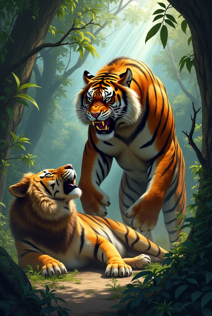 {
"size": "1024x1024",
"prompt": "A dynamic and intense scene of a powerful tiger winning a fight against a lion in a dense jungle setting. The tiger is standing triumph