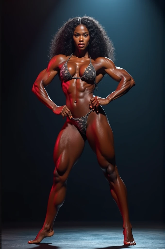 Very muscular black female bodybuilder in a bikini with a very slim waist posing on stage