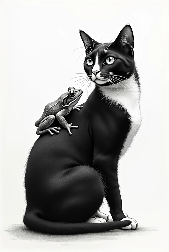 Black and white cat with frog on the cat's back