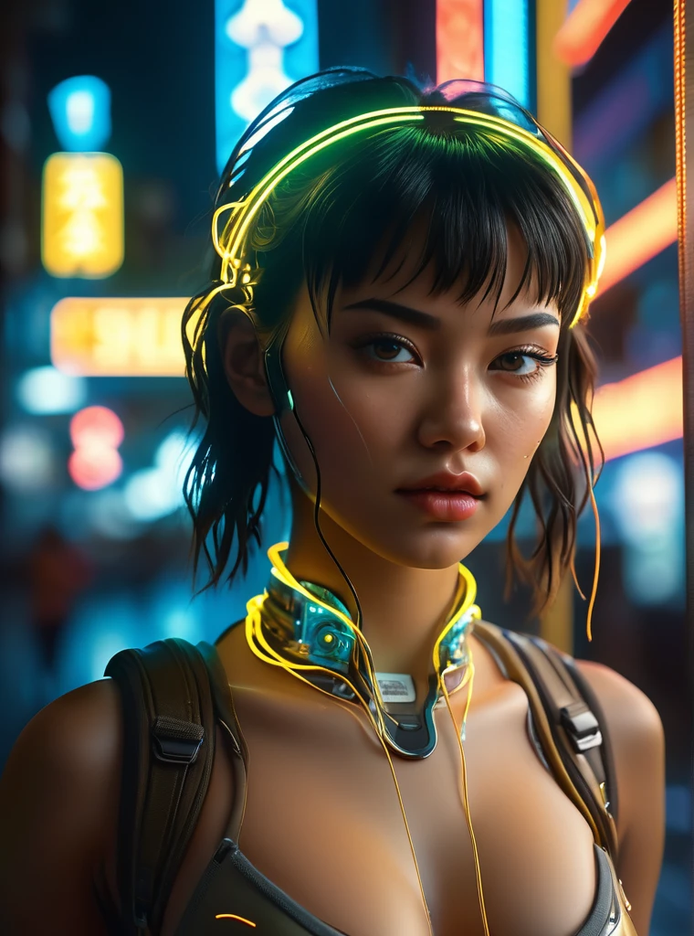 cyberpunk girl, glowing wires, dark city, reflective puddles, neon signs,, Photorealistic, Hyperrealistic, Hyperdetailed, analog style, soft lighting, subsurface scattering, realistic, heavy shadow, masterpiece, best quality, ultra realistic, 8k, golden ratio, Intricate, High Detail, film photography, soft focus, RAW candid cinema, 16mm, color graded portra 400 film, remarkable color, ultra realistic,