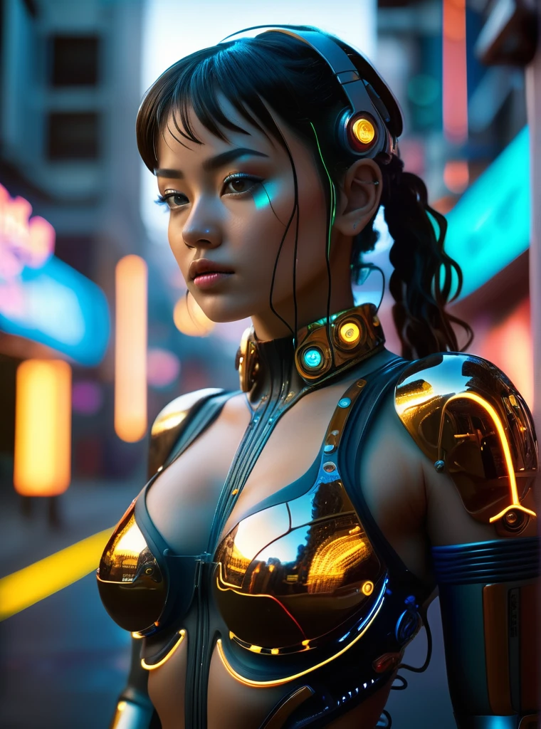 cyberpunk girl, glowing wires, dark city, reflective puddles, neon signs,, Photorealistic, Hyperrealistic, Hyperdetailed, analog style, soft lighting, subsurface scattering, realistic, heavy shadow, masterpiece, best quality, ultra realistic, 8k, golden ratio, Intricate, High Detail, film photography, soft focus, RAW candid cinema, 16mm, color graded portra 400 film, remarkable color, ultra realistic,