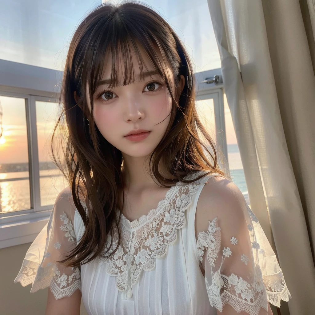 (Highest quality,masterpiece:1.3,超High resolution),(Very detailed,Caustics,8k),(Realistic:1.4,RAW shooting),Super detailed, 超High resolution,18-year-old,Japanese,黒いLong Hair,耳前にLong Hair, (Long Hair:1.2), (Wavy Hair:1.2), (鈍いbangs:1.2), Chest-up shot,Ultra high definition 8K,Highest quality,Very detailedな,masterpiece,Realistic,Rich details,Photographic realism,Very detailedな環境,Very detailedな照明,Very detailedな詳細,,Detailed skin texture,Scattered under the surface,(blush:0.5),Photographic works,A slightly sad expression,Beautiful, shining lips, Detailed face、 bangs, Hair between the eyes, (Tangled in lace curtains:1.5),Looking into the camera,Top view angle,,Natural light, masterpiece, Highest quality, High resolution, ,(Face Focus:1.1),(Face close-up:1.1),Sunset
