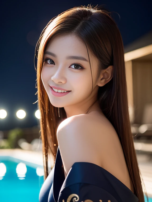 Latex bodysuit、Knee-high boots、Huge 、Long brown hair、Shiny, Oily skin、Glowing Skin、Indoor competition pool、White skin、Beautiful woman in kimono，Body Portrait、8k，Beautiful and beautiful eyes，Dindal effect、masterpiece, 最high quality, high quality, High resolution、Very detailed photos、(Natural skin texture、Fine skin、Hyperrealism、Ultra Sharpness)、Skin with attention to detail、(Very detailed、Fine skin texture、Intricate details、Beautiful Face、(A vivid face)、Realistic eyes、Beautiful and detailed、Realistic Skin、Beautiful Skin、Surreal、Very detailed、Golden Ratio、With a smile、((Night moonlight background))、Body Portrait、Shinyボディスーツ