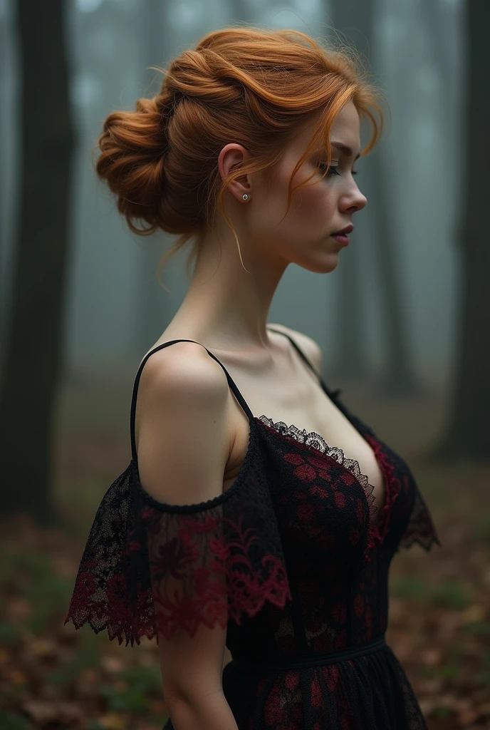 A hyper-realistic portrait of an ultra hot gorgeous European woman. Age 23. large breasts, with strawberry blonde hair styled in an updo, wearing a delicate sheer light black and red lace dress with intricate patterns. The background features a dark foggy forest in soft, natural light. The overall atmosphere is serene and sophisticated, capturing a moment of quiet grace and beauty