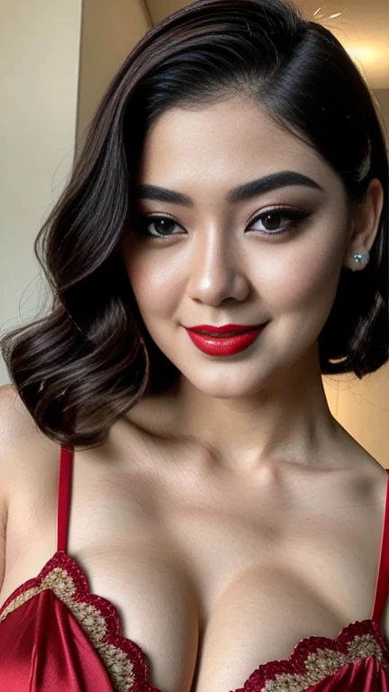 instagram photo, closeup face photo of 23 y.o Chloe in kebaya, Red Lipstick, sensual Lipstick, Sensational Make Up, cleavage, pale skin, (smile:0.4), hard shadows, Red G-STRING, bright lighting 