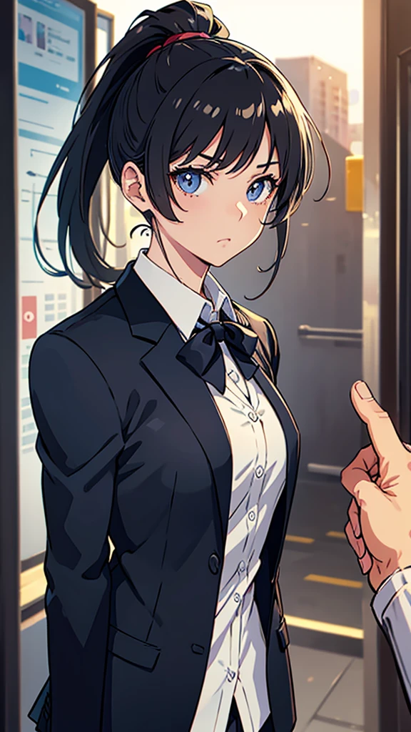 One girl, ponytail, Cool face,Blazer uniform,Anatomically correct, High detail, Slanted Eyes, Setting diagram, Background blur, anime, 