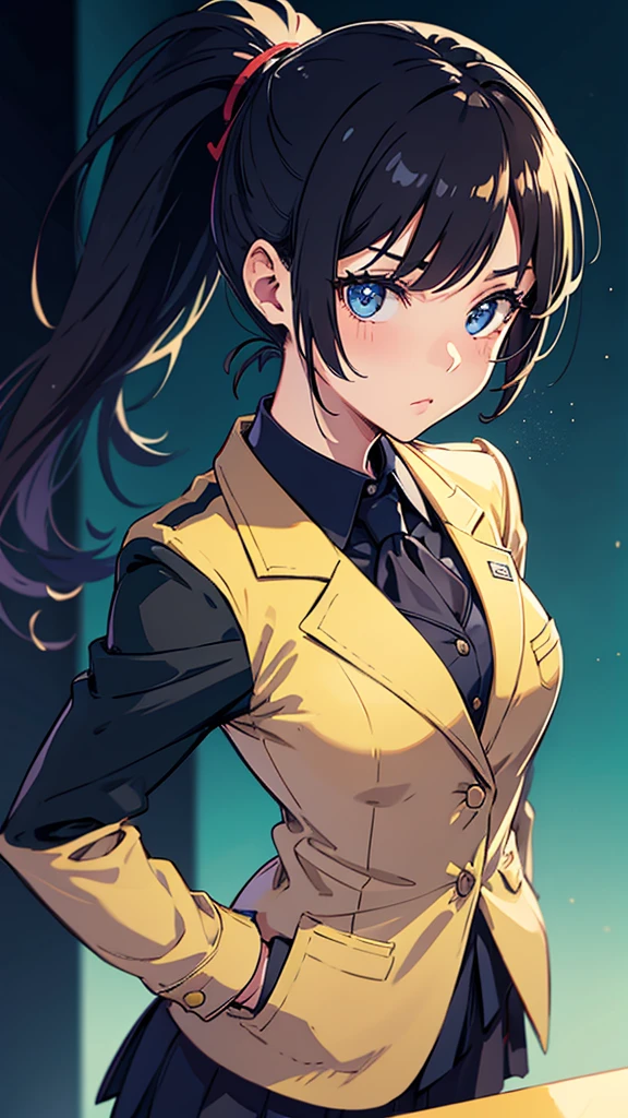 One girl, ponytail, Cool face,Blazer uniform,Anatomically correct, High detail, Slanted Eyes, Setting diagram, Background blur, anime, 