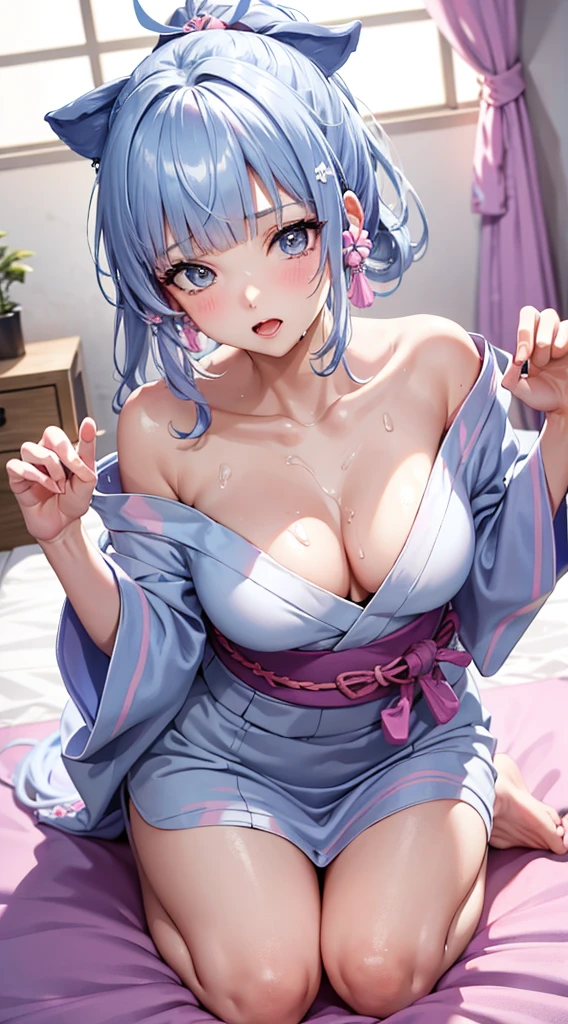 Character Details:, - Gender: 1 Girl.
- Style: Anime, - Body Type: Attractive body, slim body, nice legs, slim tights, nice arms, nice shoulders. - Breast: (Small Breast:1.2), (Cleavage:1.1), (Nipple:1.1), (Pink:1.1), (White Goo:1.1), (White Sticky Goo Over Body:1.1), (White Goo over Face:1.1), (Sticky Liquid on Breast:1.4),.
- Facial Feature: Beautiful, Gorgeous, Teenager, Fresh, Young.
- Expression: Shy, Pink Blush on Face, open mouth, Pink Tongue, Sexy Eyes, Sexy Look, (Sweating:1.4), Innocent Look, Tipsy. - Hairstyle: Blunt Bangs, Long Hair. - Hair Color: (Light Blue Hair:1.5), (Messy long Hair:1.3),
- Clothing: (Yukata:1.6), (Off-Shoulder:1.3),. - Body Pose: (Wide Kneel:1.3),(bend over:1.4), (doggy pose:1.4),. - Behaviour: Waiting, Want Something, Secretly.
- Accessories: Earrings, No Hair Accessories, Environmental Details:, - Setting: Bed Room., - Lighting: Natural Light., - Decoration: Modern Bed, Chair, Window, White Curtain, City View. Top view. pov, anime style, UHD, retina, masterpiece, accurate, anatomically correct, textured skin.