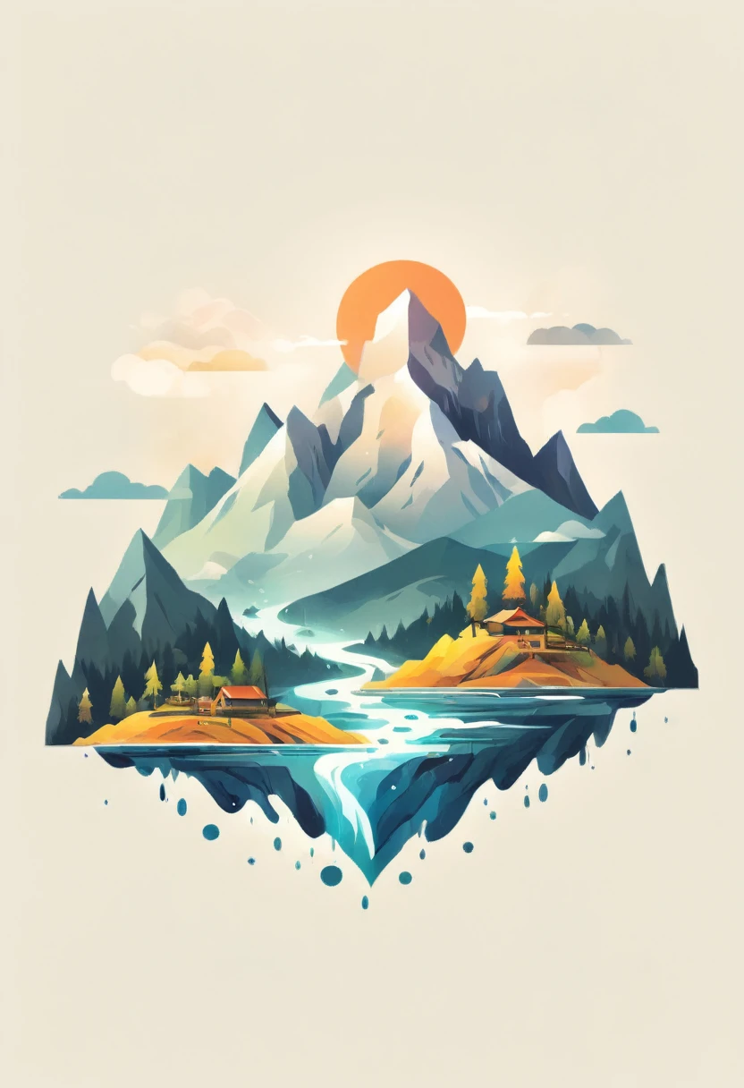 t-shirt design, impressive painting of a mountain with trees and water, a detailed painting by Petros Afshar, shutterstock contest winner, environmental art, detailed painting, outlined art, 2d game art, isolated background for logo