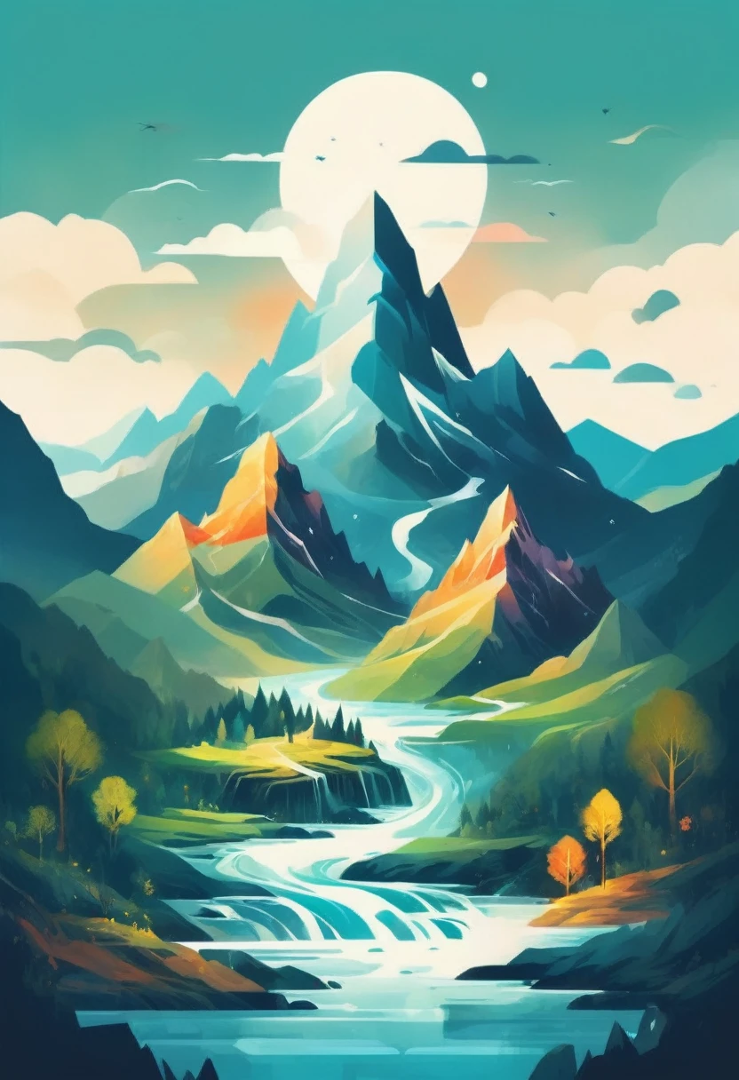 t-shirt design, impressive painting of a mountain with trees and water, a detailed painting by Petros Afshar, shutterstock contest winner, environmental art, detailed painting, outlined art, 2d game art, isolated background for logo