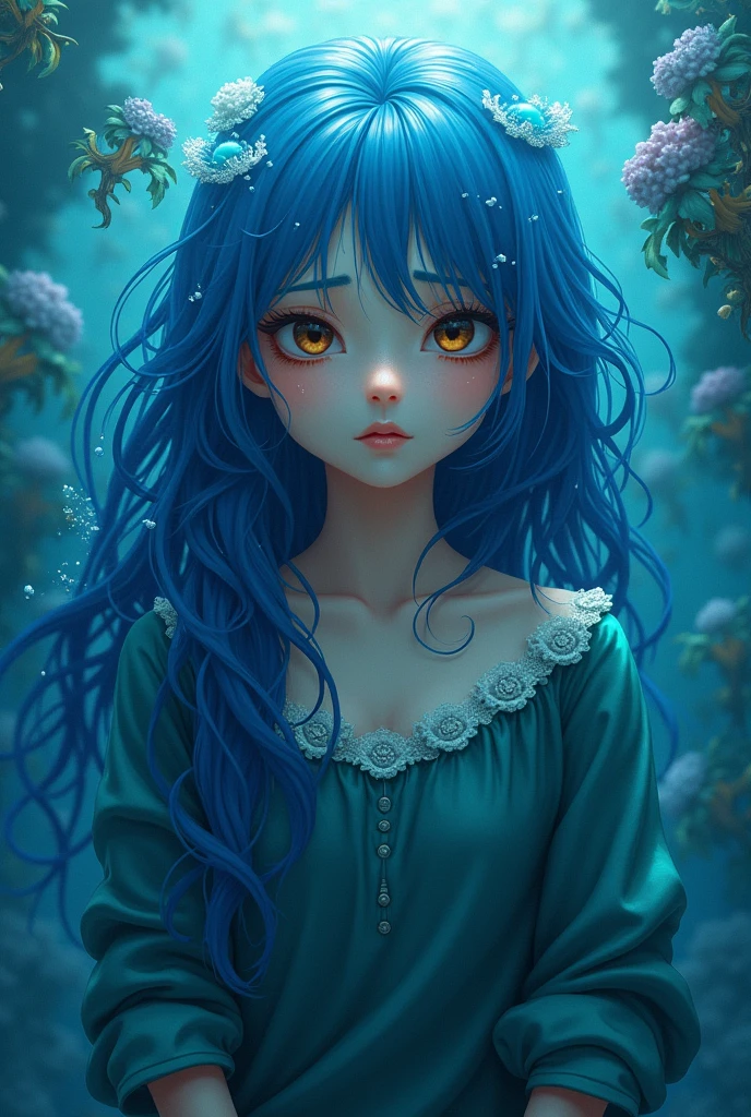 8 k, 1girl, High color, Beautiful, (Fractal Art 1.8), Frown, youths, Blue hair, deep under the sea, Beautiful, Moving, Visual impact, hands in pockets, (Waves on lens 1.5)