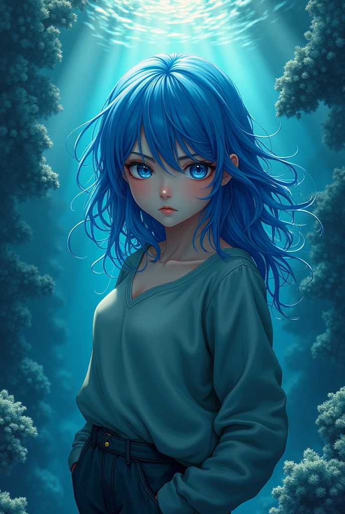 8 k, 1girl, High color, Beautiful, (Fractal Art 1.8), Frown, youths, Blue hair, deep under the sea, Beautiful, Moving, Visual impact, hands in pockets, (Waves on lens 1.5)