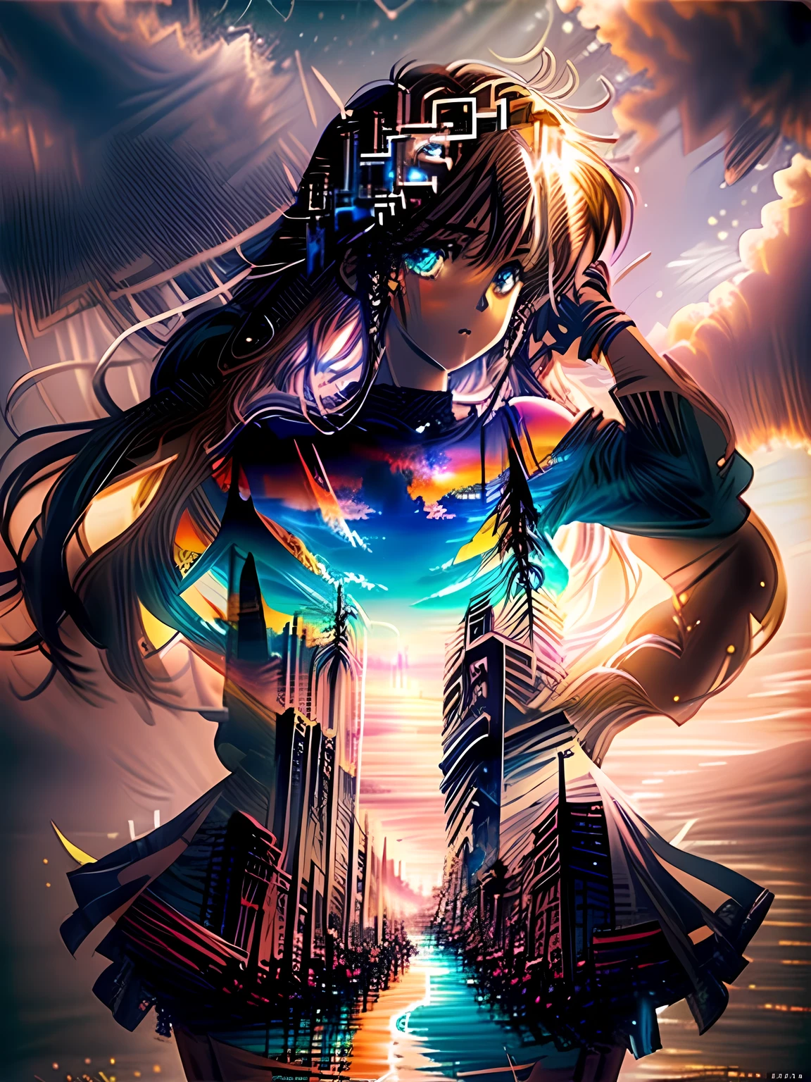 ((masterpiece, best quality, digital imaging, high resolution photography)), Madoka Ayukawa with long hair written in sand, (double exposure:1.4), Calm atmosphere, centered, volumetric lighting, Calm colors, Romantic, (epic composition, epic proportion), looking at the viewer, Madoka Ayukawa