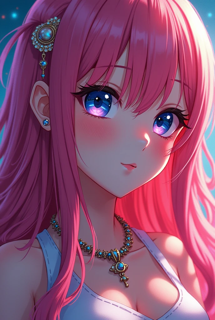 Close-up of a woman with rich and colorful hair and necklace, Anime girl with cosmic long hair, Rossdraws Soft Vitality, Gouviz-style artwork, Fantasy art style, rich and colorful], Vibrant fantasy style, Rossdraws Vibrant cartoons, cosmic and rich and colorful, Guvitz, rich and colorful digital fantasy art, Stunning art style, Beautiful anime style, Shiny hair