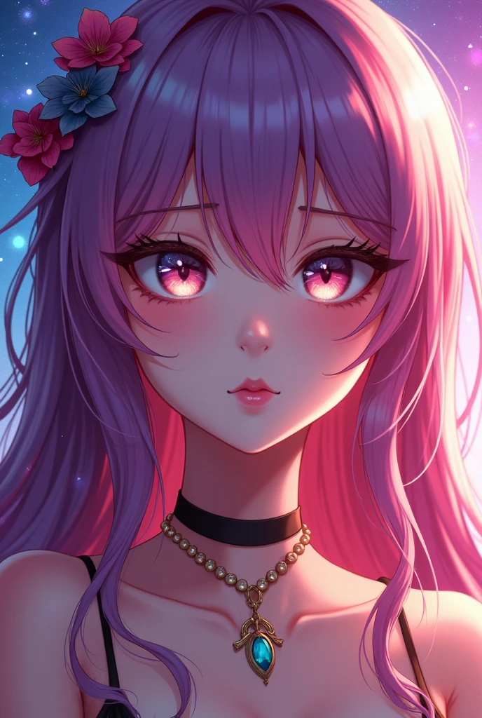 Close-up of a woman with rich and colorful hair and necklace, Anime girl with cosmic long hair, Rossdraws Soft Vitality, Gouviz-style artwork, Fantasy art style, rich and colorful], Vibrant fantasy style, Rossdraws Vibrant cartoons, cosmic and rich and colorful, Guvitz, rich and colorful digital fantasy art, Stunning art style, Beautiful anime style, Shiny hair