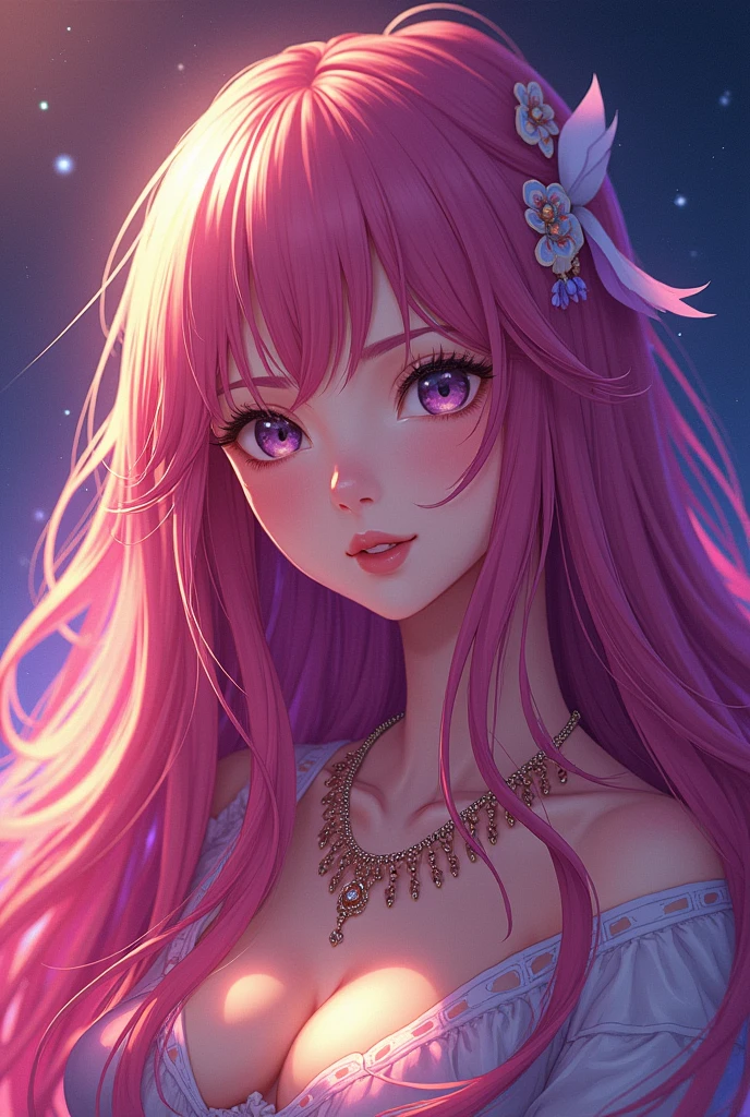 Close-up of a woman with rich and colorful hair and necklace, Anime girl with cosmic long hair, Rossdraws Soft Vitality, Gouviz-style artwork, Fantasy art style, rich and colorful], Vibrant fantasy style, Rossdraws Vibrant cartoons, cosmic and rich and colorful, Guvitz, rich and colorful digital fantasy art, Stunning art style, Beautiful anime style, Shiny hair
