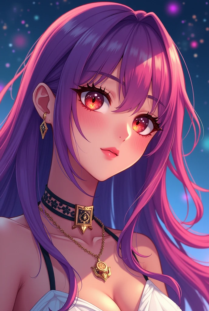 Close-up of a woman with rich and colorful hair and necklace, Anime girl with cosmic long hair, Rossdraws Soft Vitality, Gouviz-style artwork, Fantasy art style, rich and colorful], Vibrant fantasy style, Rossdraws Vibrant cartoons, cosmic and rich and colorful, Guvitz, rich and colorful digital fantasy art, Stunning art style, Beautiful anime style, Shiny hair
