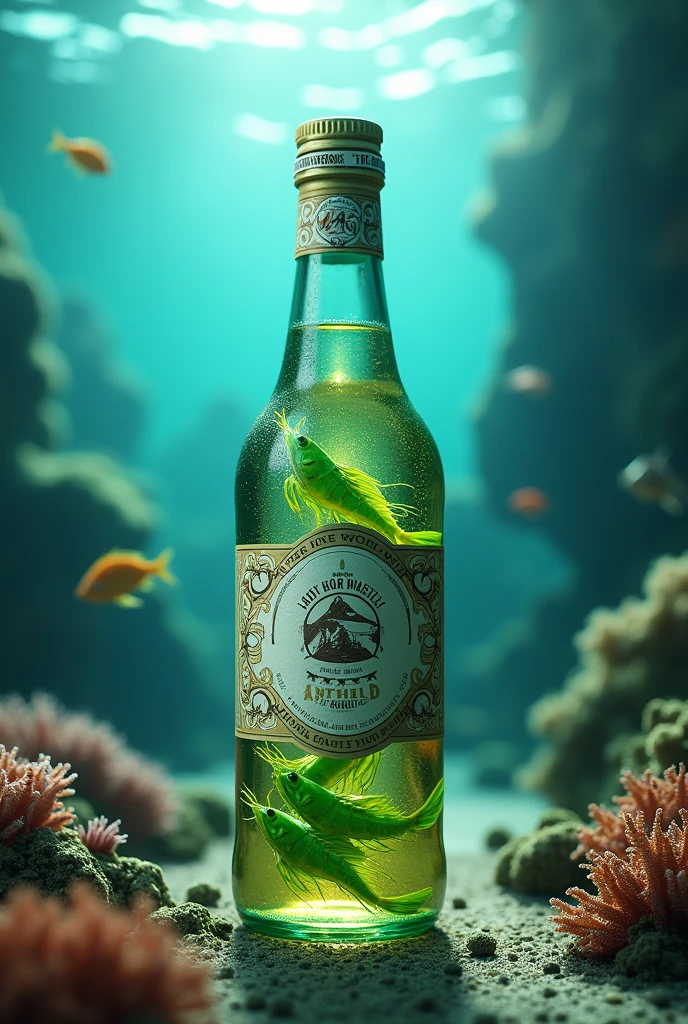 Green seafood in the bottle have logo bands with seafoog in the background