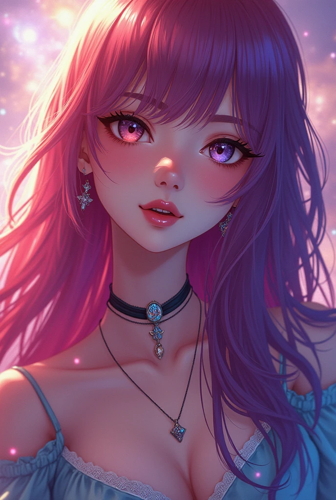 Close-up of a woman with rich and colorful hair and necklace, Anime girl with cosmic long hair, Rossdraws Soft Vitality, Gouviz-style artwork, Fantasy art style, rich and colorful], Vibrant fantasy style, Rossdraws Vibrant cartoons, cosmic and rich and colorful, Guvitz, rich and colorful digital fantasy art, Stunning art style, Beautiful anime style, Shiny hair