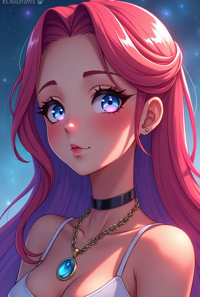 Close-up of a woman with rich and colorful hair and necklace, Anime girl with cosmic long hair, Rossdraws Soft Vitality, Gouviz-style artwork, Fantasy art style, rich and colorful], Vibrant fantasy style, Rossdraws Vibrant cartoons, cosmic and rich and colorful, Guvitz, rich and colorful digital fantasy art, Stunning art style, Beautiful anime style, Shiny hair