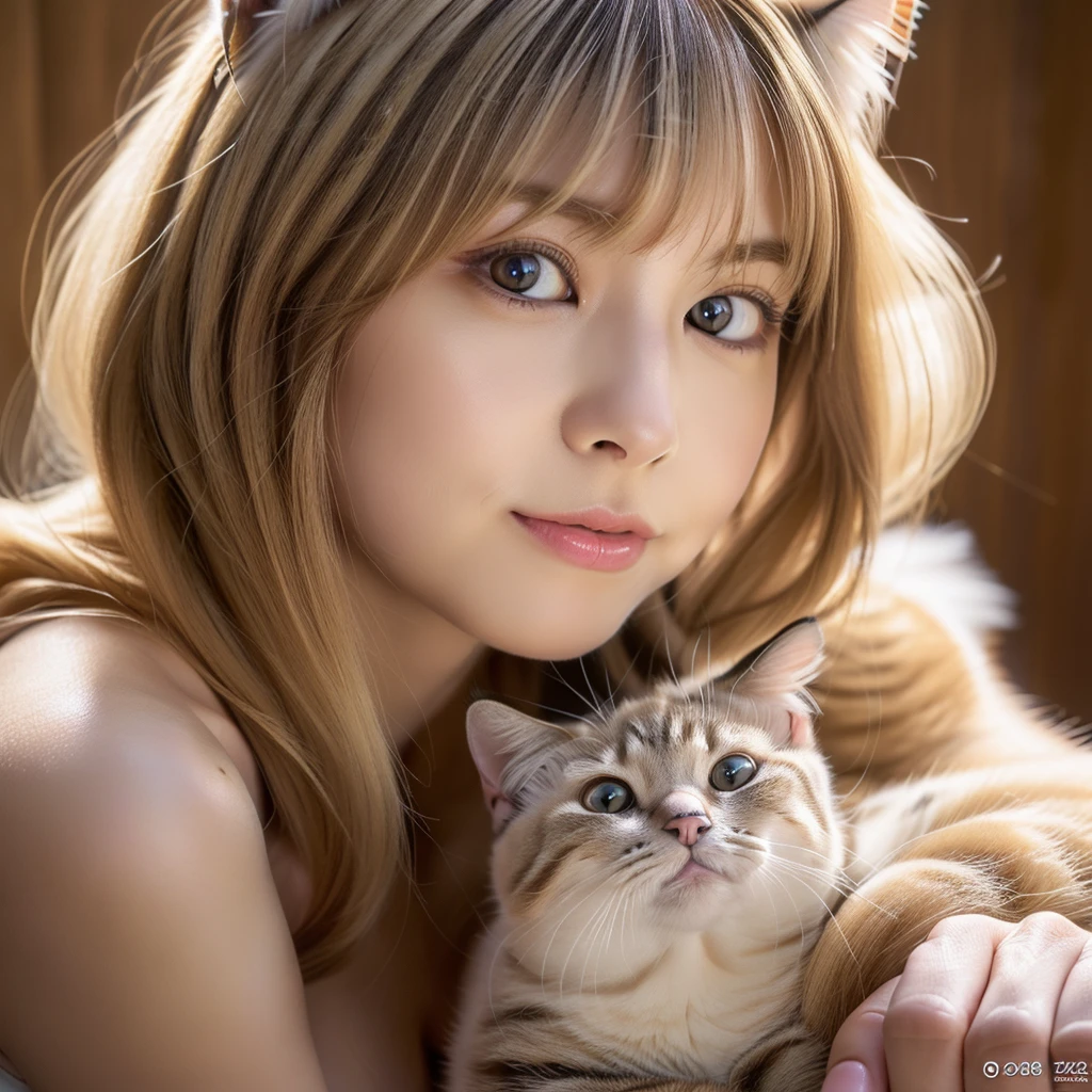 (masterpiece, ultra-detailed, ultra-realistic, best quality, clear focus, photorealistic), (ultra-high resolution, 8k:1.3), (hip focus:1.3), perfect anatomy, perfect face, (detailed face, detailed eyes:1.3), (1 beautiful Japanese blonde girl), (her sexy body is very fluffy like a cat:1.5), professional light, purring like a cat, smile, with fat cat