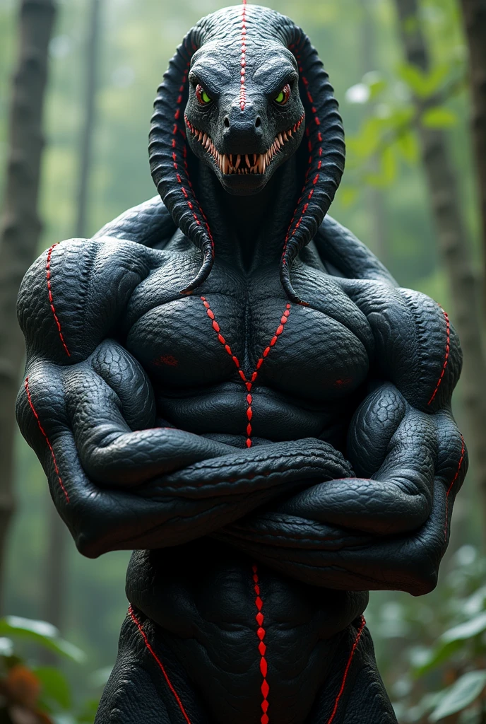 Strongly built ((naga)), completely black, except for the light front, thin red stripes run all over his body, crossed his arms, green eyes, ((the lower part of his body is completely snake-like)), wide snake hood, tapering penis, genital slit, (scalie:0.1), 2 penises, concept art, digital art, illustration, inspired by wlop style, 8k, fine details, sharp, very detailed, high resolution, masterpiece