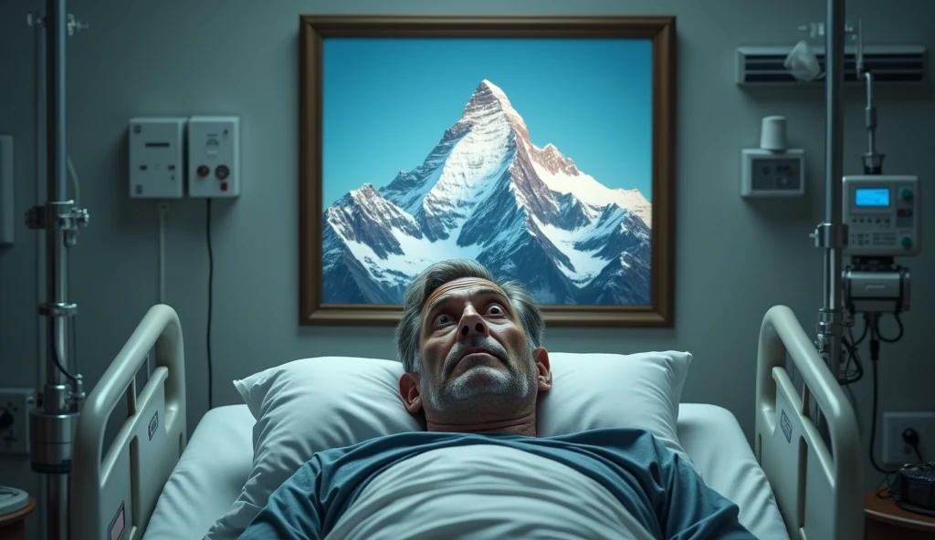 Bear Grylls lies in a hospital bed with a framed image of Mount Everest hanging on the wall front to him (with cinematic lightings).