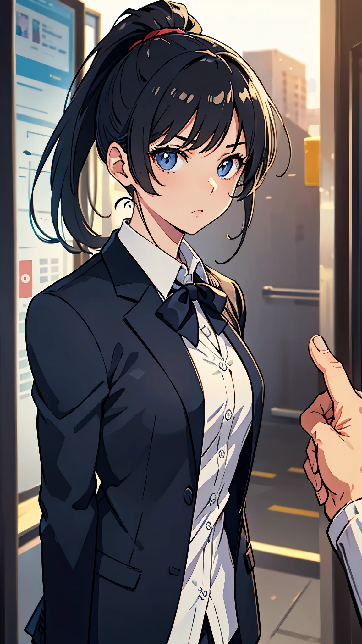 One girl, ponytail, Cool face,Blazer uniform,Anatomically correct, High detail, Slanted Eyes, Setting diagram, Background blur, anime,
