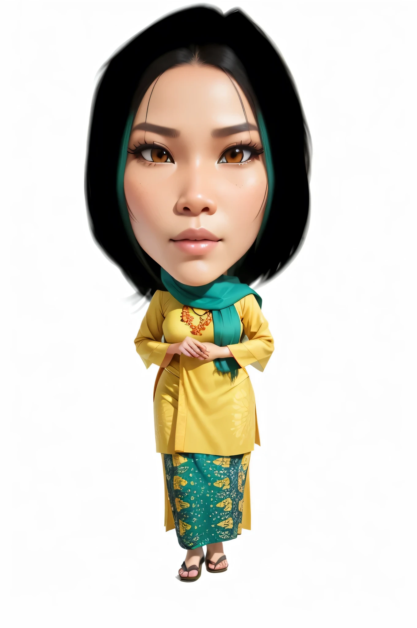 A woman, wearing yellow Javanese traditional clothes, and batik bottoms, Indonesian traditional clothes, Beautiful long hair, batik, 3d cartoon, detail, render, unreal engine,