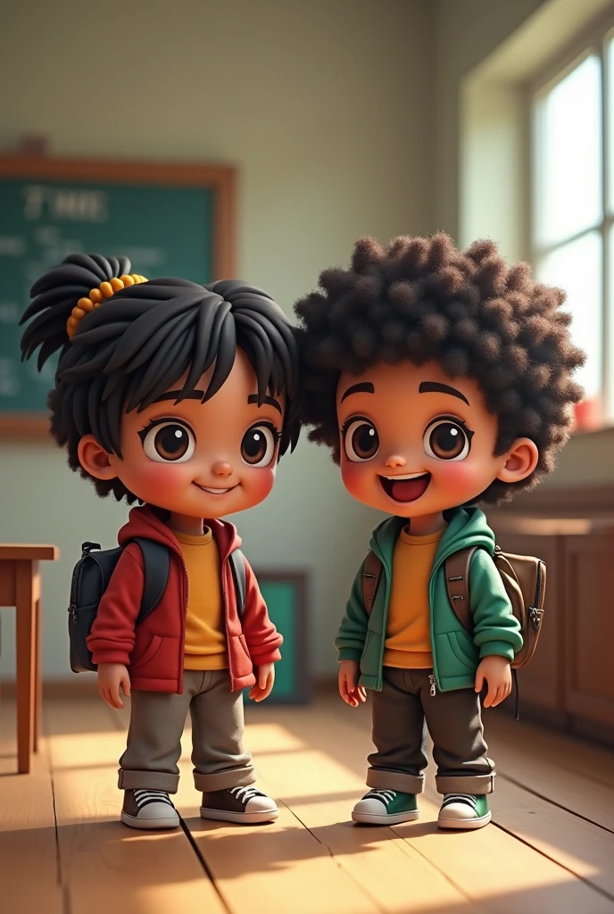 Chibi father and rasta son, Indian ethnicity, fluffy eyes, in a school atmosphere