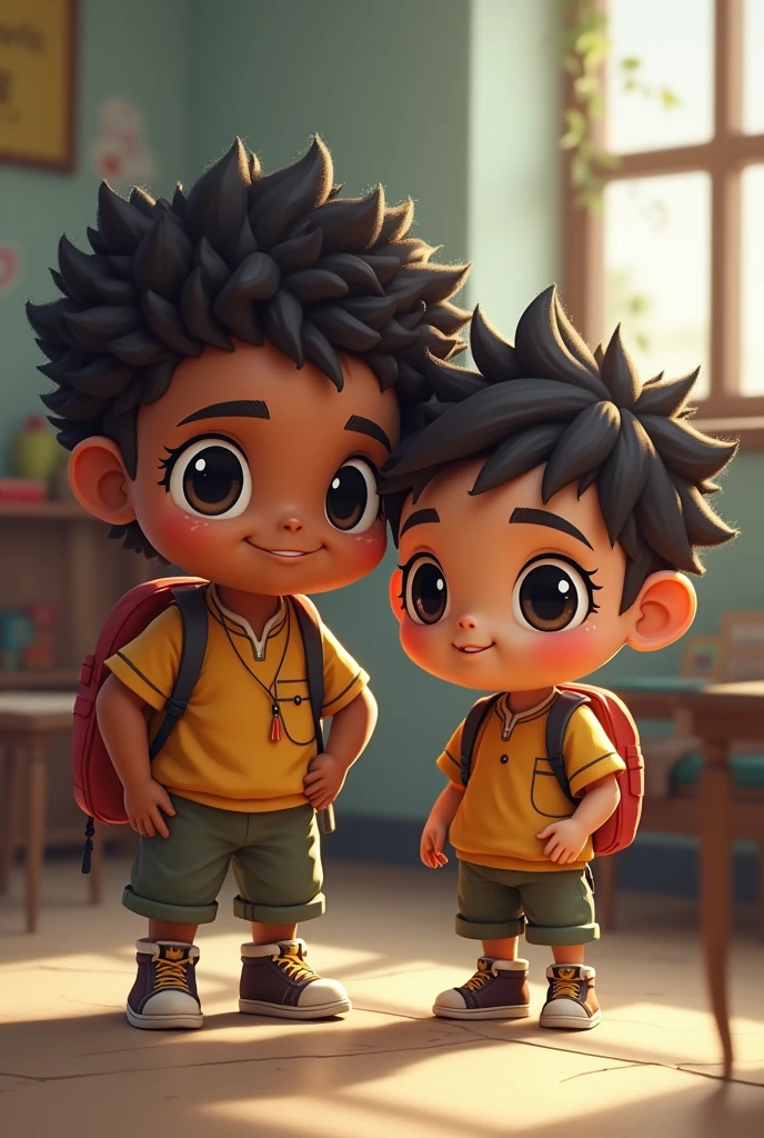 Chibi father and rasta son, Indian ethnicity, fluffy eyes, in a school atmosphere