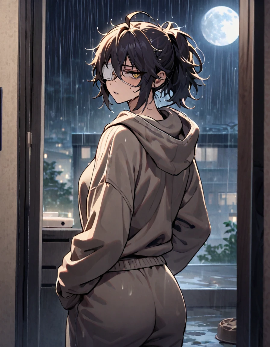 mature, golden eyes, looking at viewer, female, bedroom background, messy hair, dark shoulder-length hair, ponytail, parted lips, hair between eyes, ahoge, emotionless, tired eyes, standing, from behind, sweatpants, hoodie, medical eye patch, rainy day, moon, night, dark, hand on waist, comfy clothes