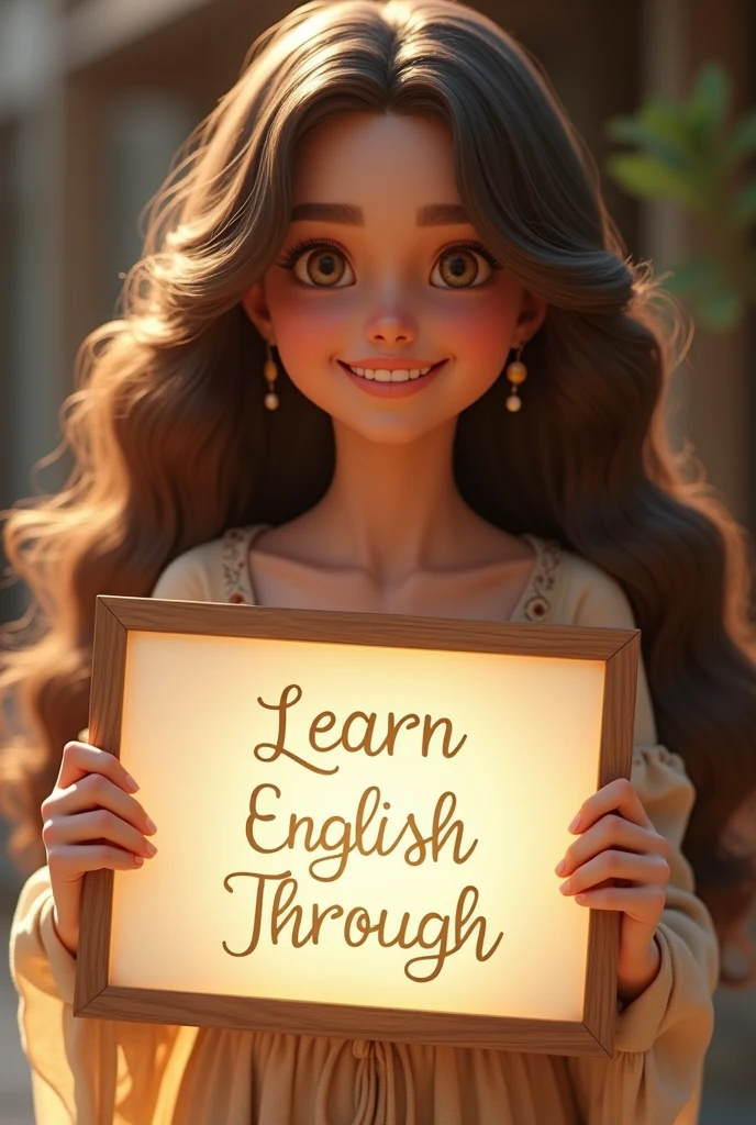 Beautiful girl with heart-warming smile and wavy long hair, bohemian dress, holding a white board with text "learn English Through Story" and showing it to the viewer, the board is glowing with the text.