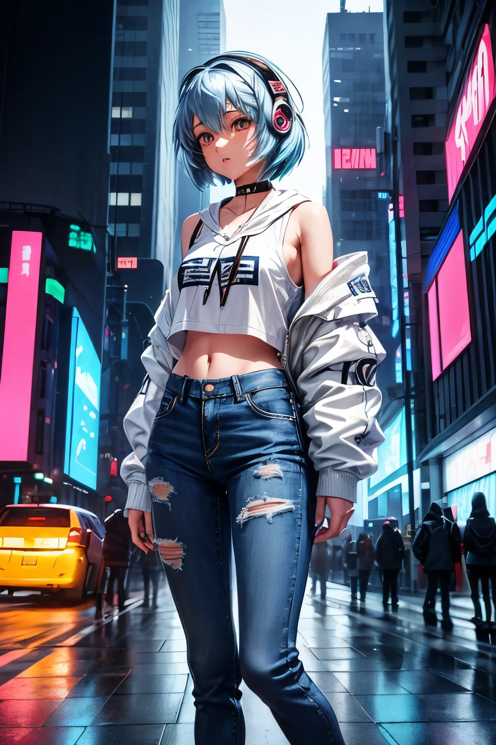 A girl with straight, long shoulder-length hair who resembles Rei Ayanami, Wearing streetwear denim pants and headphones, Blue hoodie, In the chest「Future Funk」it is written like this, In a vibrant, futuristic cityscape lit by neon lights. Standing in the middle of a big intersection