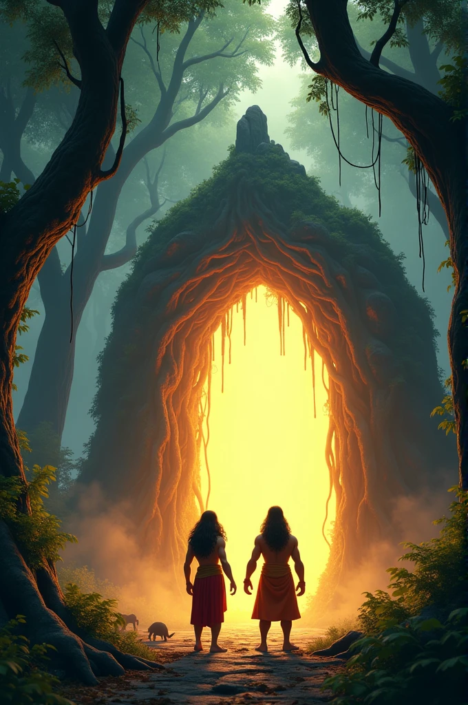 In cinematic 3D cartoon style dense, ancient forest with towering trees and thick vines. Ram and Lakshman stand before a large, glowing, and mysterious gateway made of intertwined roots and rocks. The gateway is partially hidden by mist, giving it an eerie, mystical aura. The forest floor is covered with fallen leaves, and faint shadows of unknown creatures lurk in the background