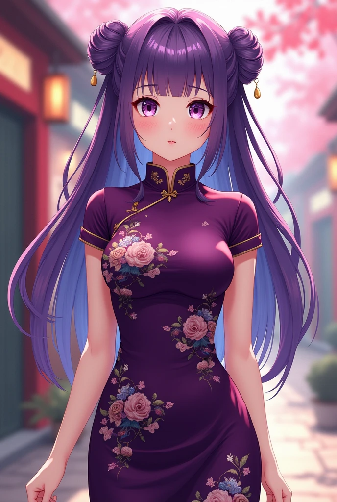 Purple hair adult woman purple cheongsam twin buns full body front anime