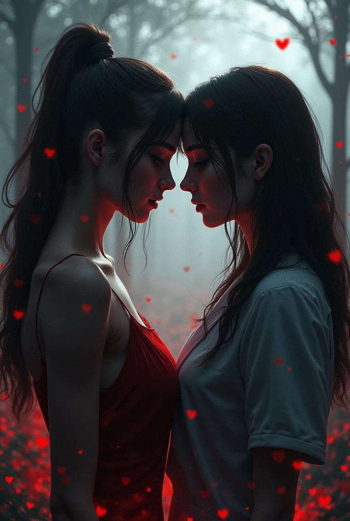generate art for the game Dead by daylight where love occurs between the character of this game NURSE and Huntress