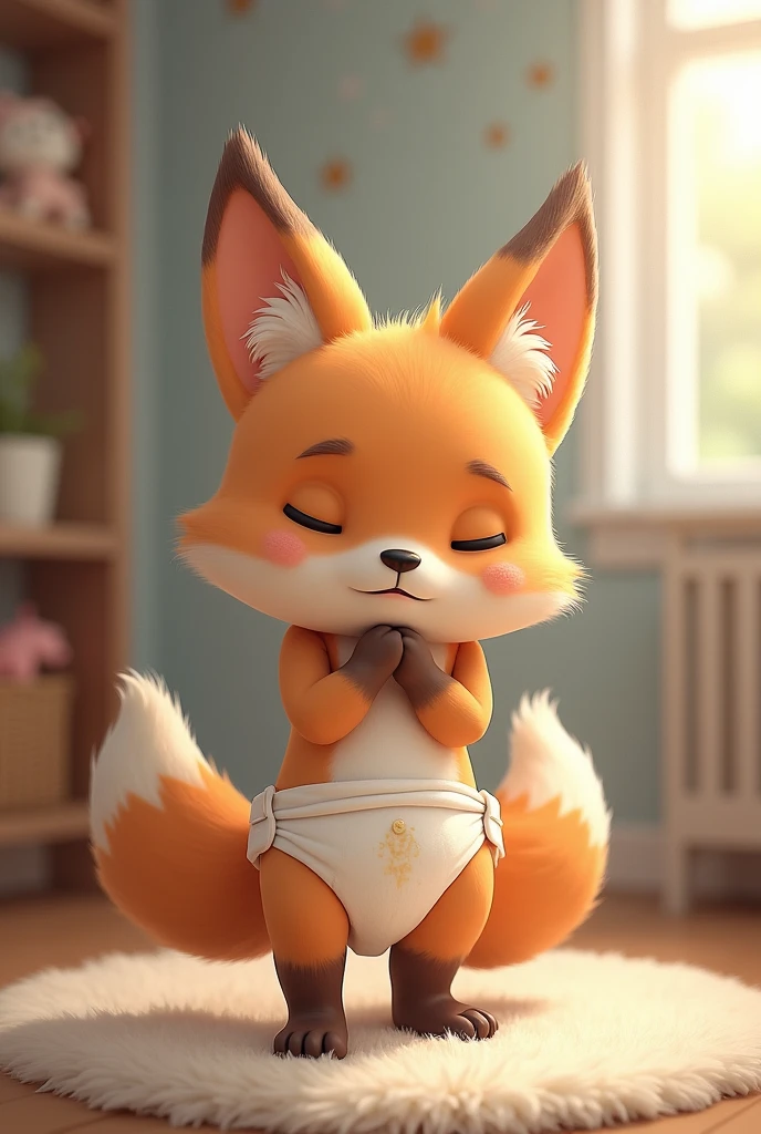 A anime fox boy in a nursery and wearing a thick diaper, fox, furry fox, lavender skin, brown elements on the skin, little ???, Child boy, thick diaper, nursery, pooping in a diaper, poppy diaper, 1 Sfox, detailed fox, fox in diaper, fox in nursery, fox pooping, detailed diaper, thick diaper, poppy diaper, diaper filling, nursery interior, Inside the house, light brown fur, fennec fox, two tails, furry, two tailed fox, embarrassed (1 Child boy,standing alone,Messy diaper,baby floats), detailed nursery, soft lighting, warm colours, high resolution, work of art,