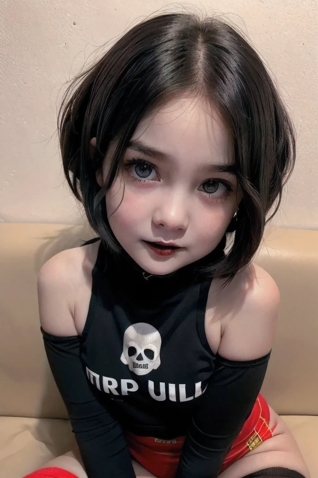 ((GOTHIC BLACK LIPS)), ((BLACK LIPS)), ((shorthaircut:1.3)), adorable, 1 girl, (face to face), , baby face, happy, half body portrait, (face details: 1), (eye details: 1), ((tiny breasts)). ((croptank "fiery skull" picture)), ((net stockings))