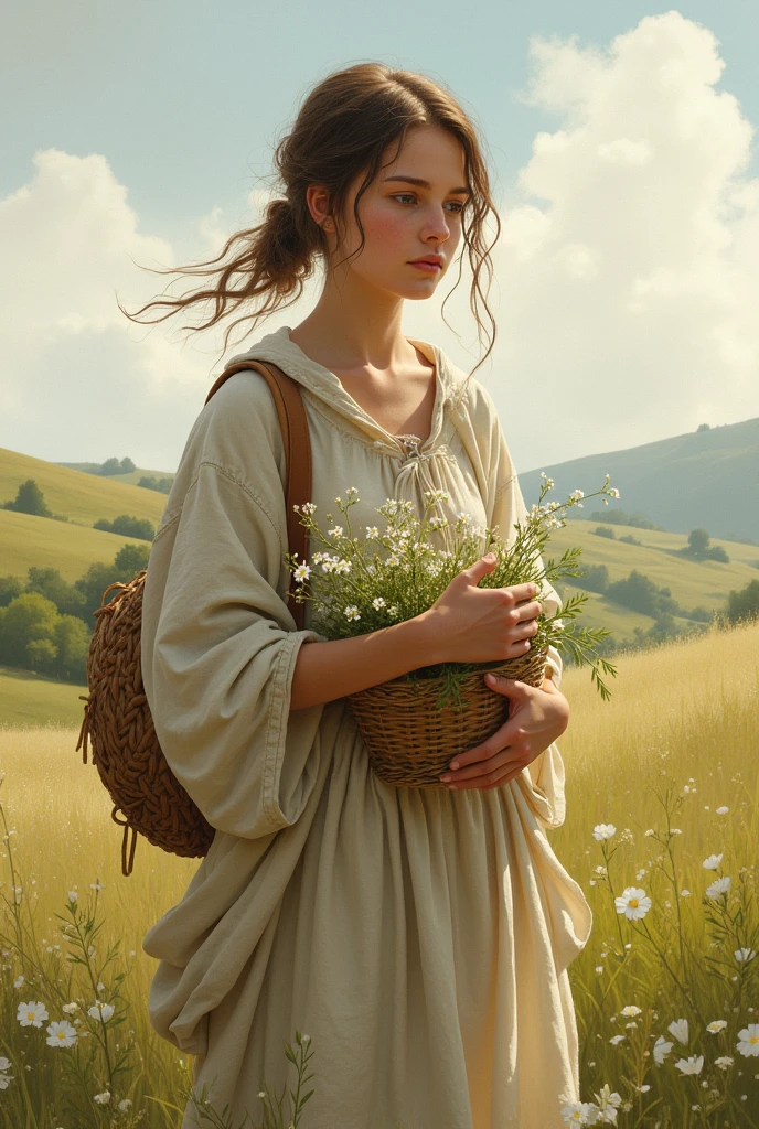 A young shepherdess in simple, rustic clothing, holding a small basket of flowers or herbs, symbolizing her connection to nature. Make it a drawing