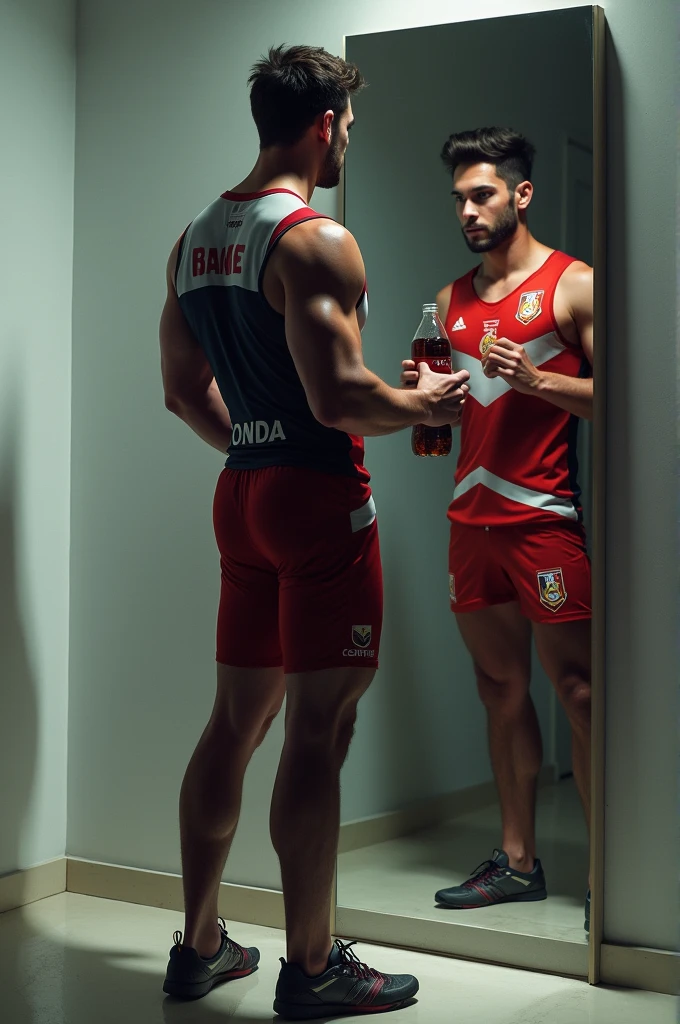 Male Olympic shooter turns his back on himself, holding a mirror and a bottle of soda.