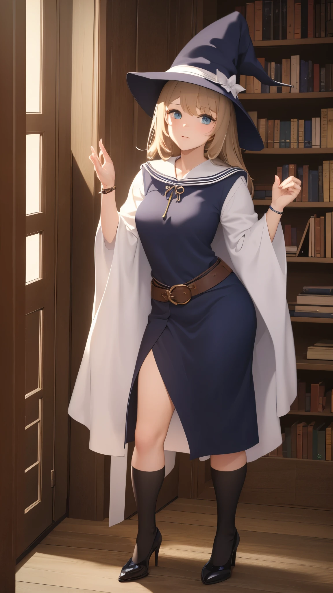 ((best quality)), ((masterpiece)), (detailed), 1girl, medium ass, medium breasts, fantasy world, wizard hat, wizard robe, thich high socks, high heels, in a classroom, at school
