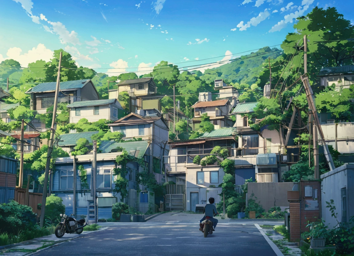 anime scene of a man riding a motorcycle down a street, overgrowth. by makoto shinkai, anime. by makoto shinkai, by Makoto Shinkai, by makoto shinkai, octane render. by makoto shinkai, gloomy. by makoto shinkai, style of makoto shinkai, beautiful anime scene