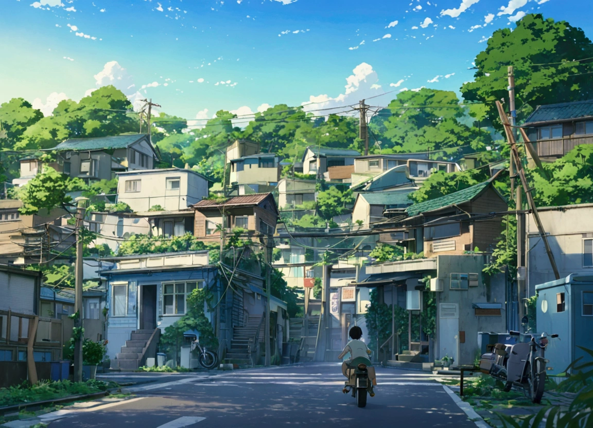 anime scene of a man riding a motorcycle down a street, overgrowth. by makoto shinkai, anime. by makoto shinkai, by Makoto Shinkai, by makoto shinkai, octane render. by makoto shinkai, gloomy. by makoto shinkai, style of makoto shinkai, beautiful anime scene